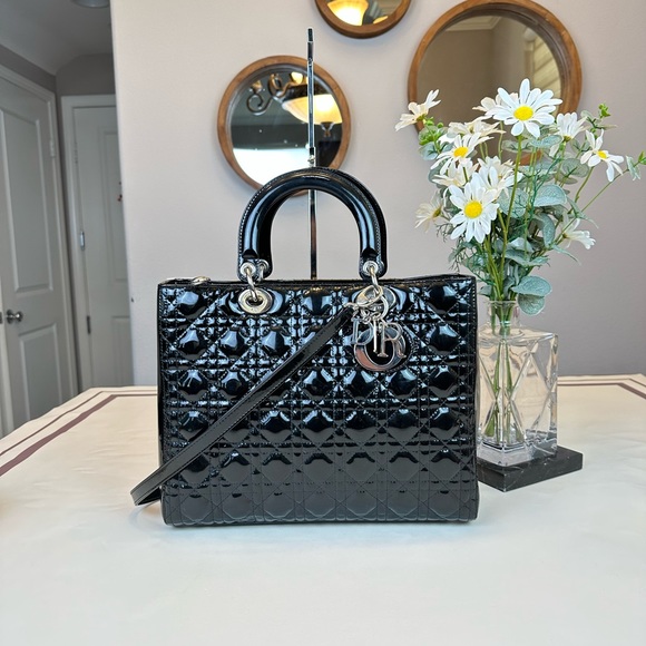 Dior Handbags - Christian Dior Black Patent Leather Large Lady Dior Shoulder Bag
